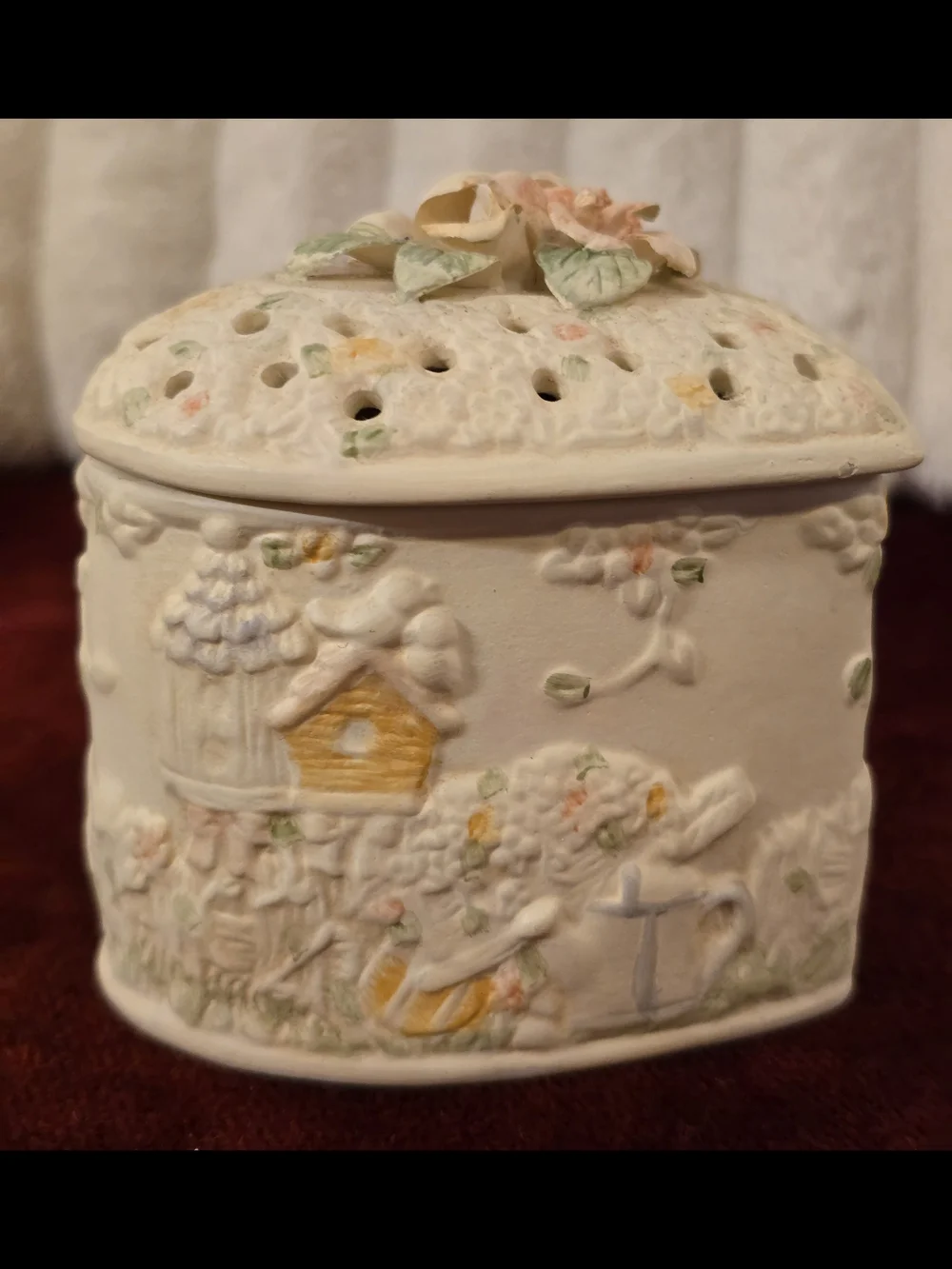 Vintage Cottagecore Bisque Porcelain Heart Shaped Trinket Box Scent Diffuser